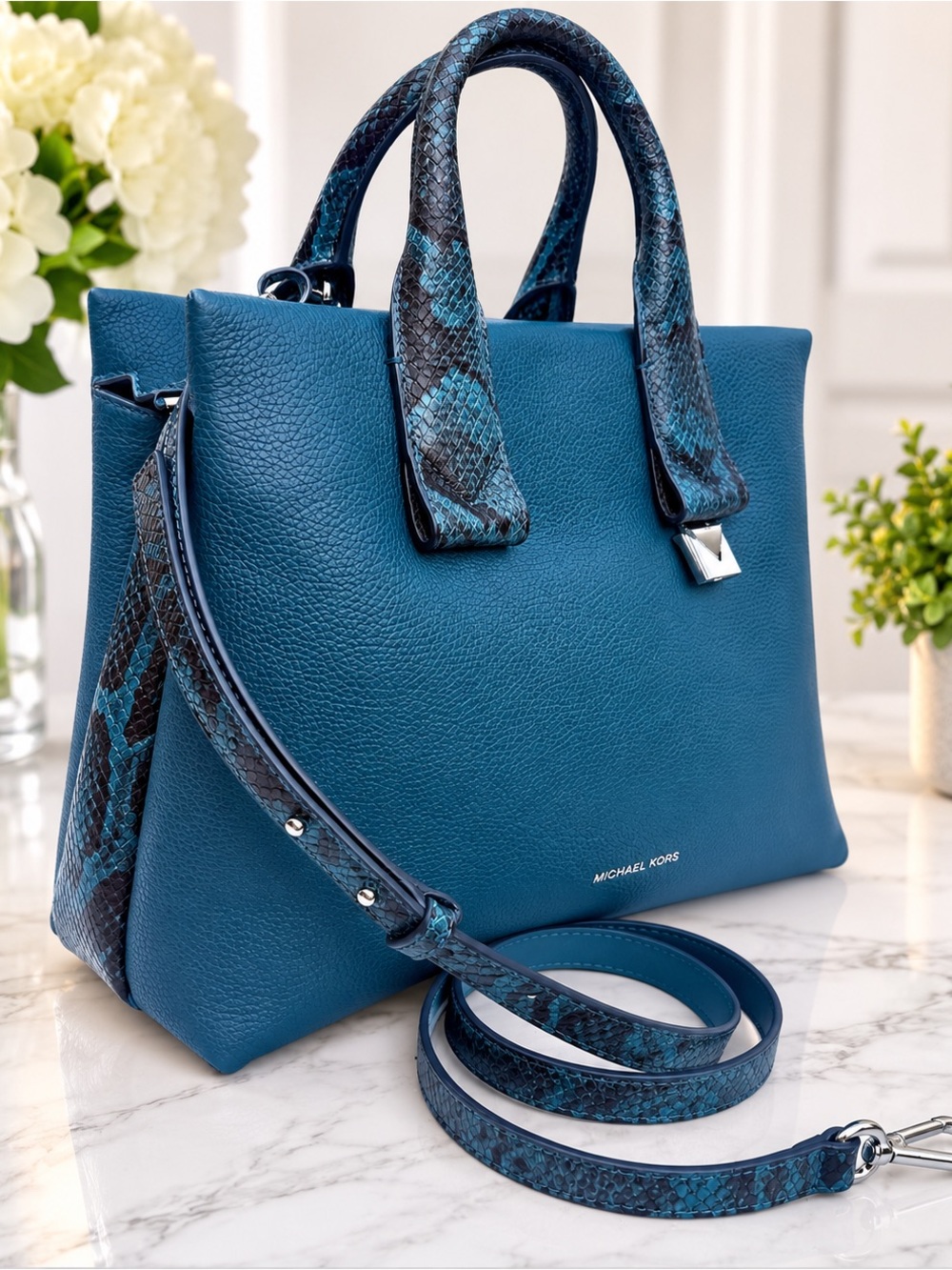 NWT Michael Kors Rollins Large Luxe Teal Leather Snakeskin Satchel